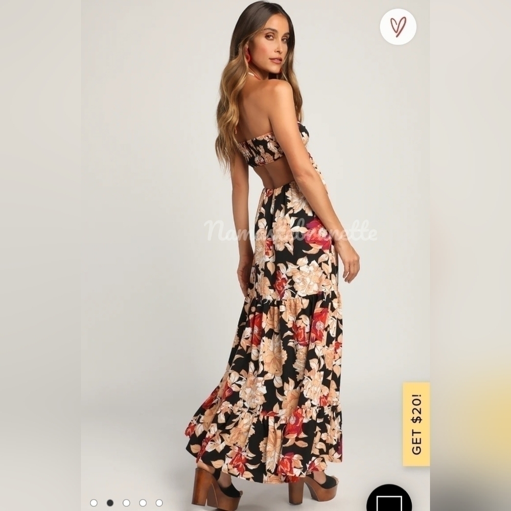 Nwt Lulu's L Black Floral Print Cutout Halter Maxi Dress - Picture 5 of 16